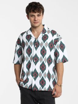 Campus Sutra - Men Chalk White Ikat Motif Oversized Shirt