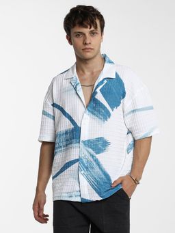 Campus Sutra - Men Sky Blue Chalk White Stroked Waffle Oversized Shirt