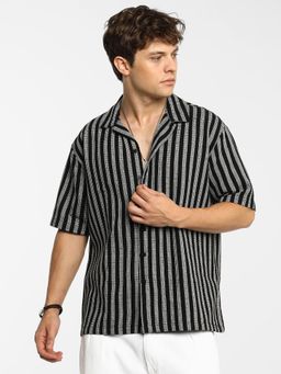Campus Sutra - Men Midnight Black Moon Grey Candy Striped Knit Oversized Shirt