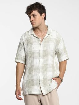 Campus Sutra - Men Greige Ivory White Buffalo Check Oversized Shirt