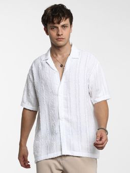 Campus Sutra - Men Chalk White Unhemmed Striped Oversized Shirt