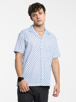 Campus Sutra - Men Chalk White and Prussian Blue Embroidered Checkered Shirt
