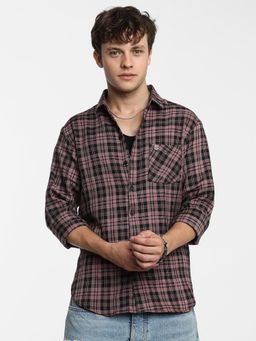 Campus Sutra - Men Mauve Pink and Charcoal Black Tartan Check Shirt