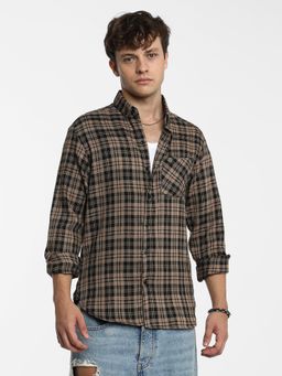 Campus Sutra - Men Tan Brown and Charcoal Black Tartan Check Shirt