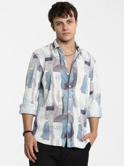 Campus Sutra - Men Icy Blue and Ivory White Twig-Block Shirt