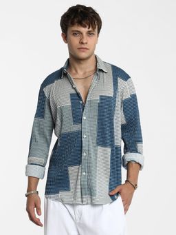 Campus Sutra - Men Cloud Grey and Lapis Blue Retro-Pleat Shirt