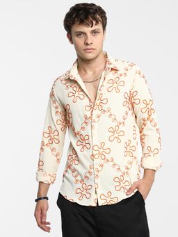 Campus Sutra - Men Peach Orange Embroidery-Weave Shirt