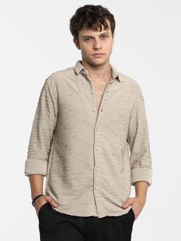 Campus Sutra - Men Cloud Beige Textured Wave Shirt