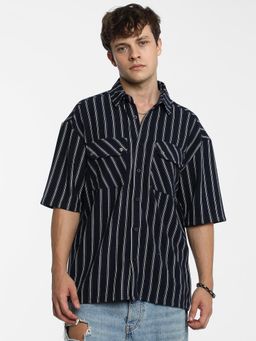 Campus Sutra - Men Navy Blue Utility Halo-Stripe Oversized Shirt