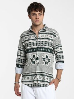 Campus Sutra - Men Forest Green and Cream White Geometric Seersucker Shirt