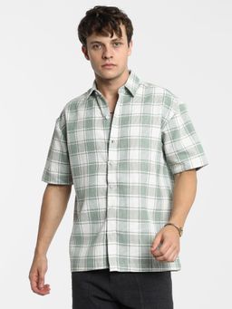 Campus Sutra - Men Sage Green and Powder White Buffalo Check Shirt