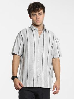 Campus Sutra - Men Ash Grey Unbalanced Striped Shirt
