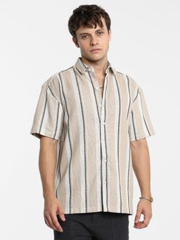 Campus Sutra - Men Saltbox Beige Shadow-Striped Shirt