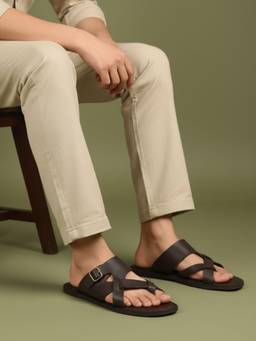 PRIVO - Men Brown Casual Striped One Toe Slip-On Sandals