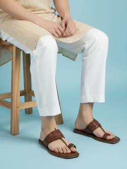 PRIVO - Men Tan Casual Embossed One Toe Slip-On Kolhapuris