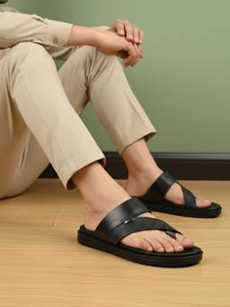 PRIVO - Men Black Casual Striped One Toe Slip-On Sandals