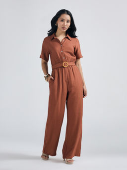 Twenty Dresses by Nykaa Fashion - Rust Collared Extended Sleeves Jumpsuit with Belt