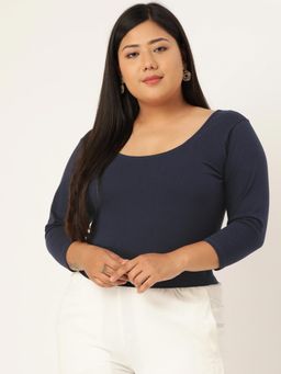 theRebelinme - Plus Size Womens Navy Blue Solid Crop Fitted Top