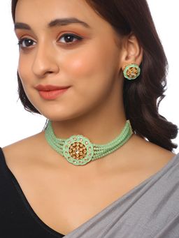 VIRAASI - Light Green Multistrand Kundan Choker Necklace with Earrings (Set of 2)