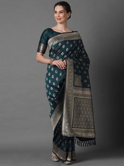 Odette - Teal Blue Festive Silk Blend Woven Design Saree with Unstitched Blouse