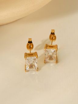 AQUASTREET - Mens White Zircon Square 18K Gold Plated Waterproof Anti-Tarnish Stud Earrings