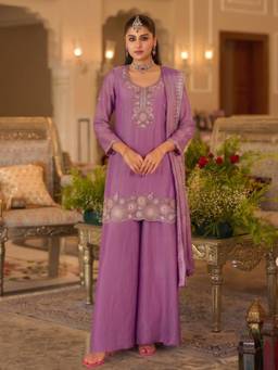 Autumnlane - Women Lavender Embroidered Moss Crepe Kurti and Palazzo with Dupatta