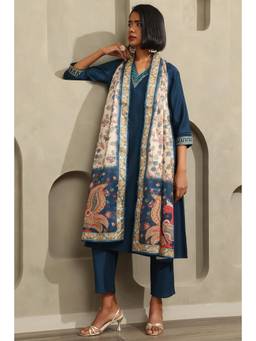Soch - Women Blue Solid/Plain Cotton Blend Kurta and Pant with Dupatta