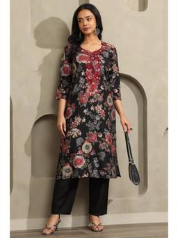 Soch - Women Black Printed Cotton Blend Kurta with Pant
