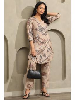 Soch - Women Beige Printed Linen Kurta with Pant