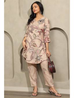 Soch - Women Beige Printed Linen Kurta with Pant