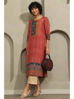 Soch - Women Red Stripes Muslin Kurta