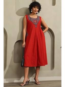 Soch - Women Rust Solid/Plain Cotton Flex Dress with Pair Of Unstitched Sleeves
