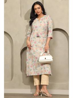 Soch - Women Blue Floral Linen Kurta