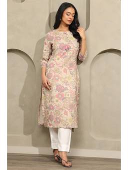 Soch - Women Beige Floral Linen Kurta