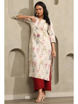 Soch - Women Beige Floral Linen Kurta