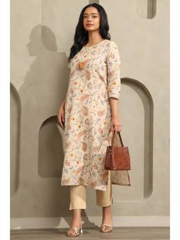 Soch - Women Beige Floral Linen Kurta