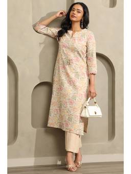 Soch - Women Beige Floral Linen Kurta