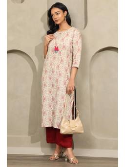 Soch - Women Beige Printed Linen Kurta