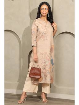 Soch - Women Beige Printed Linen Kurta