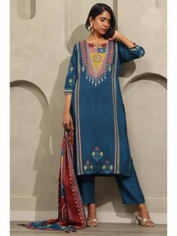 Soch - Women Blue Embroidered Silk Blend Kurta and Pant with Dupatta