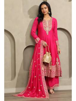 Soch - Women Pink Embellished/Sequined Chinon Anarkali Kurta and Palazzo with Dupatta