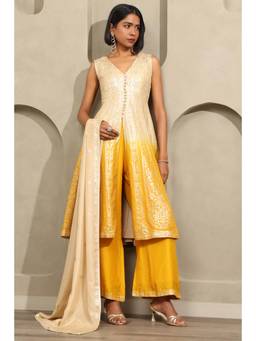 Soch - Mustard Embellished Cotton Kurta, Unstitched Sleeves and Palazzo with Dupatta