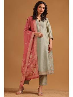 Soch - Women Green Embroidered Tissue Kurta and Pant with Dupatta