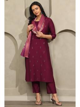 Soch - Women Wine Embroidered Cotton Blend Kurta and Pant with Dupatta