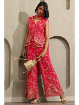 Soch - Pink Embellished Georgette Top, Pair Of Unstitched Sleeves and Palazzo with Dupatta