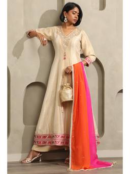 Soch - Women Beige Embellished/Sequined Tissue Anarkali Kurta and Palazzo with Dupatta