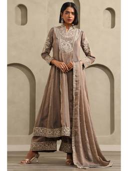Soch - Women Brown Embroidered Tissue Anarkali Kurta and Palazzo with Dupatta