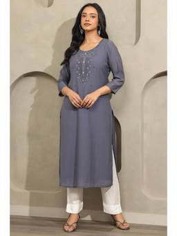 Soch - Women Grey Embroidered Cotton Blend Kurta