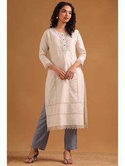 Soch - Women Beige Embroidered Linen Blend Kurta