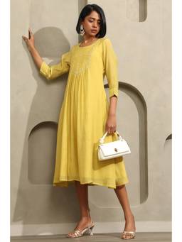 Soch - Women Yellow Solid/Plain Chanderi Dress